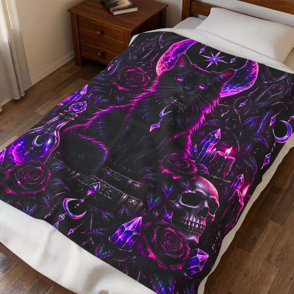 Neon Mystic Black Cat Velveteen Plush Blanket — Gothic Moon & Crystal Design