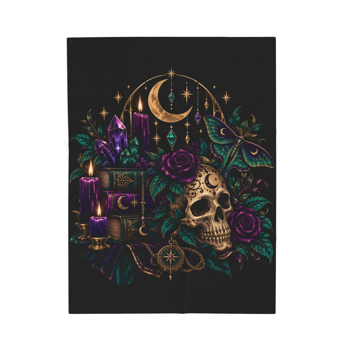 Jewel-tone Velveteen Plush Blanket — Gothic Moon & Skull Velvet Throw with Crystals, Roses, and Mystic Candles