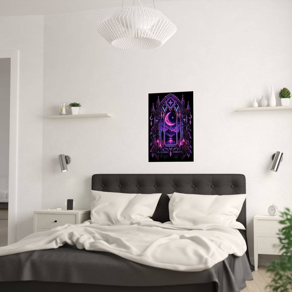Neon Gothic Moonlight Satin Poster — Neon Purple Crescent Nightscape