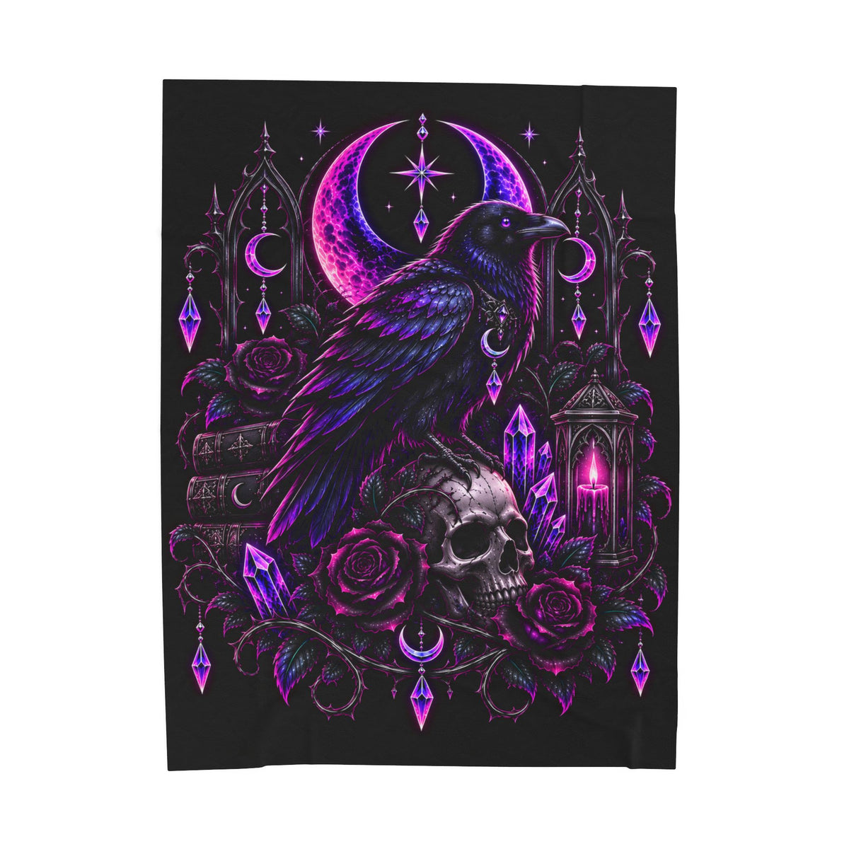 Neon Gothic Raven Moon Velveteen Plush Blanket — Skull, Roses & Crystal Lantern Throw