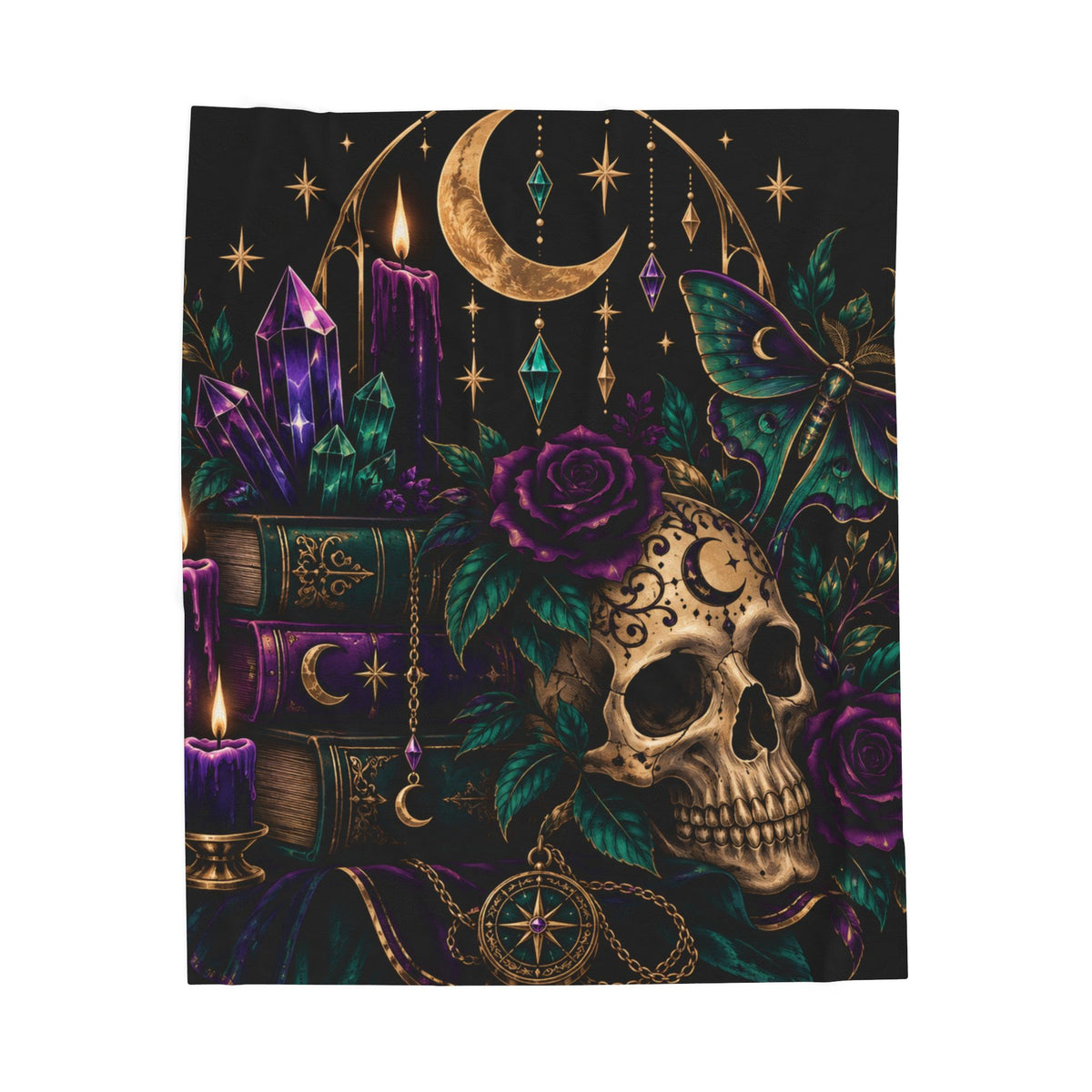 Jewel-tone Velveteen Plush Blanket — Gothic Moon & Skull Velvet Throw with Crystals, Roses, and Mystic Candles