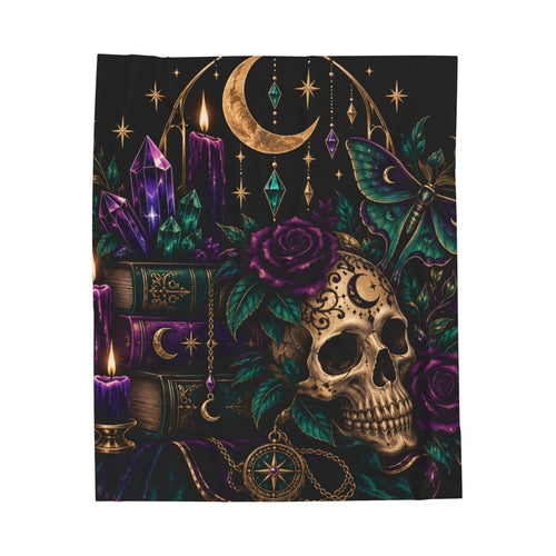 Jewel-tone Velveteen Plush Blanket — Gothic Moon & Skull Velvet Throw with Crystals, Roses, and Mystic Candles