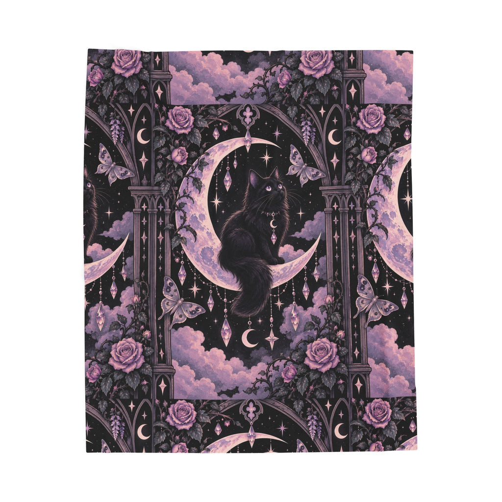 Pastel Mystic Moon Cat Velveteen Plush Blanket — Gothic Black Cat on Crescent Moon, Cozy Witchy Throw