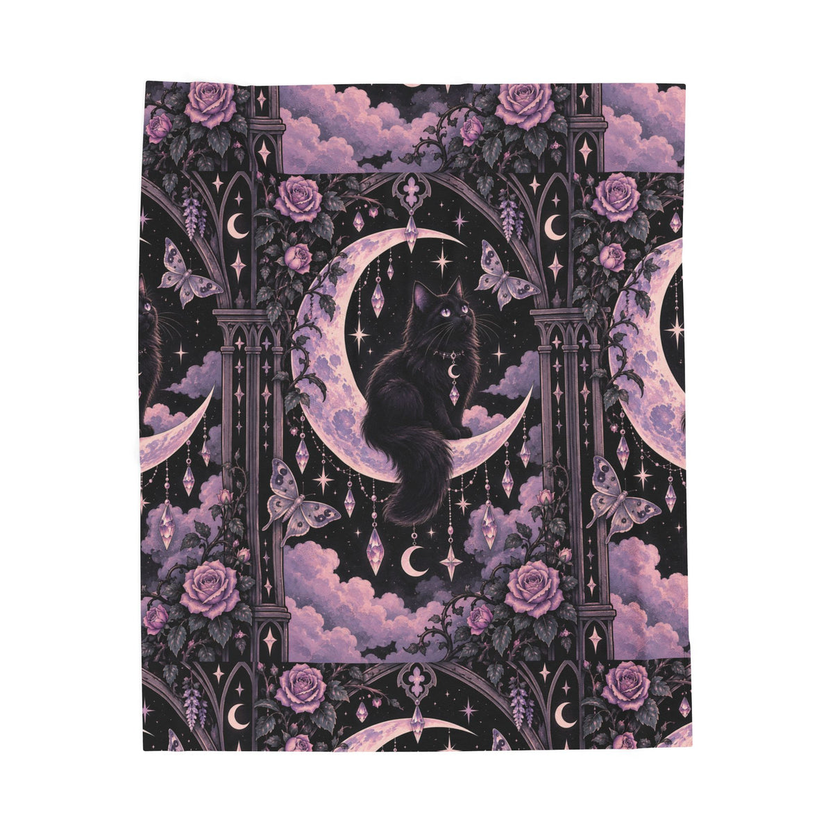 Pastel Mystic Moon Cat Velveteen Plush Blanket — Gothic Black Cat on Crescent Moon, Cozy Witchy Throw