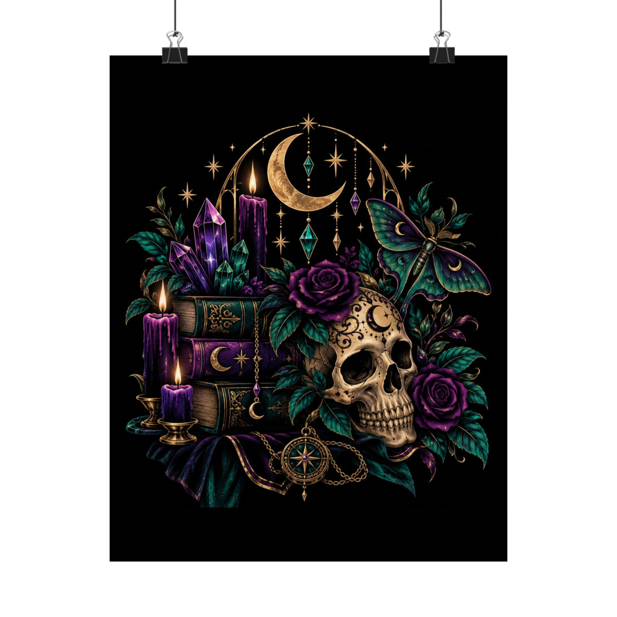 Jewel-tone Mystic Skull & Moon Satin Poster — Gothic Candle, Crystals & Moth Wall Art