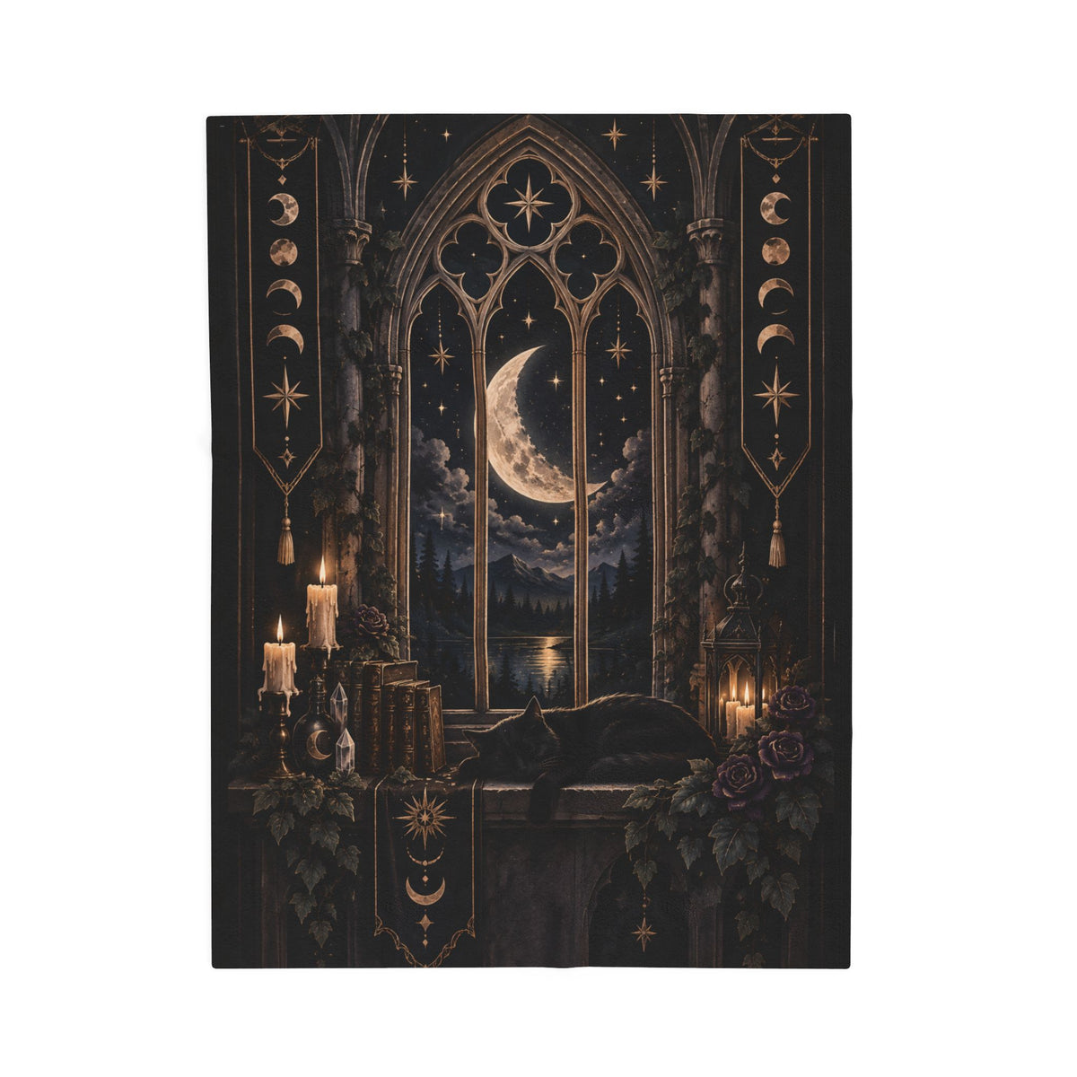 Shadow Velveteen Plush Blanket - Moonlit Gothic Window