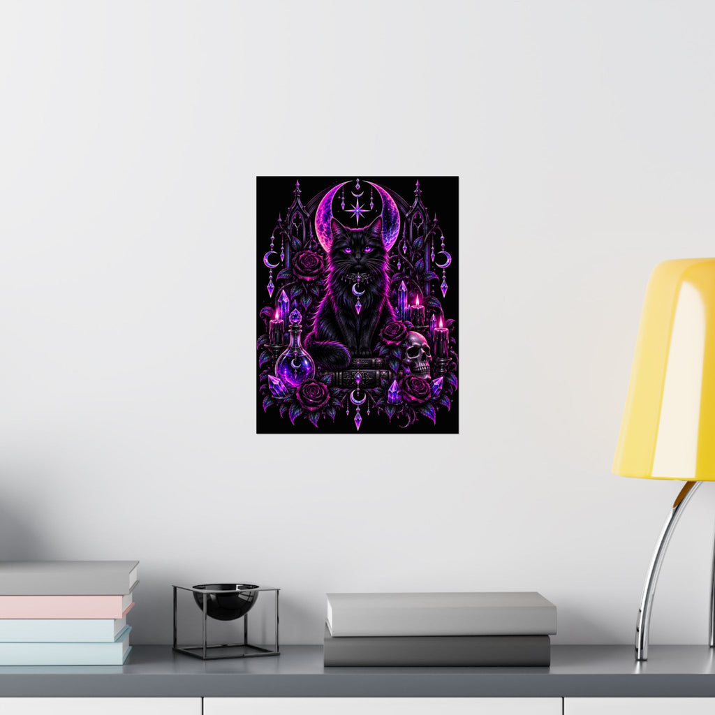 Neon Mystic Black Cat Satin Poster — Purple Gothic Witchcraft Wall Art