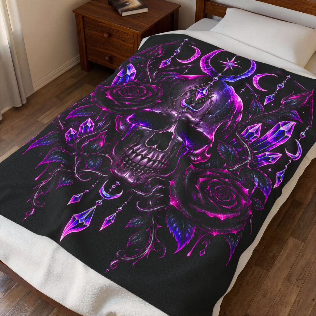 Neon Moonlight Rose Velveteen Plush Blanket — Neon Pink Crescent Moon & Stars