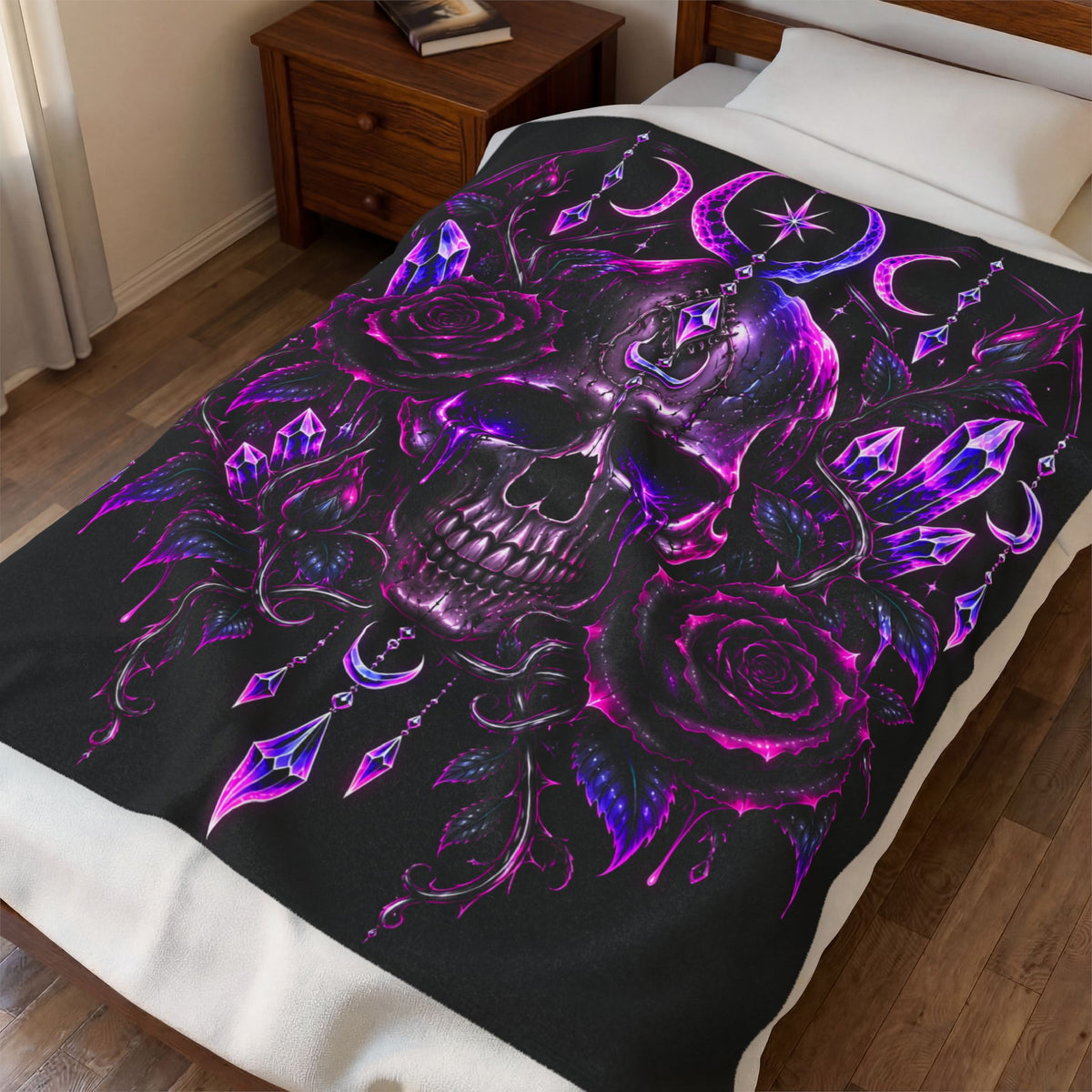 Neon Moonlight Rose Velveteen Plush Blanket — Neon Pink Crescent Moon & Stars