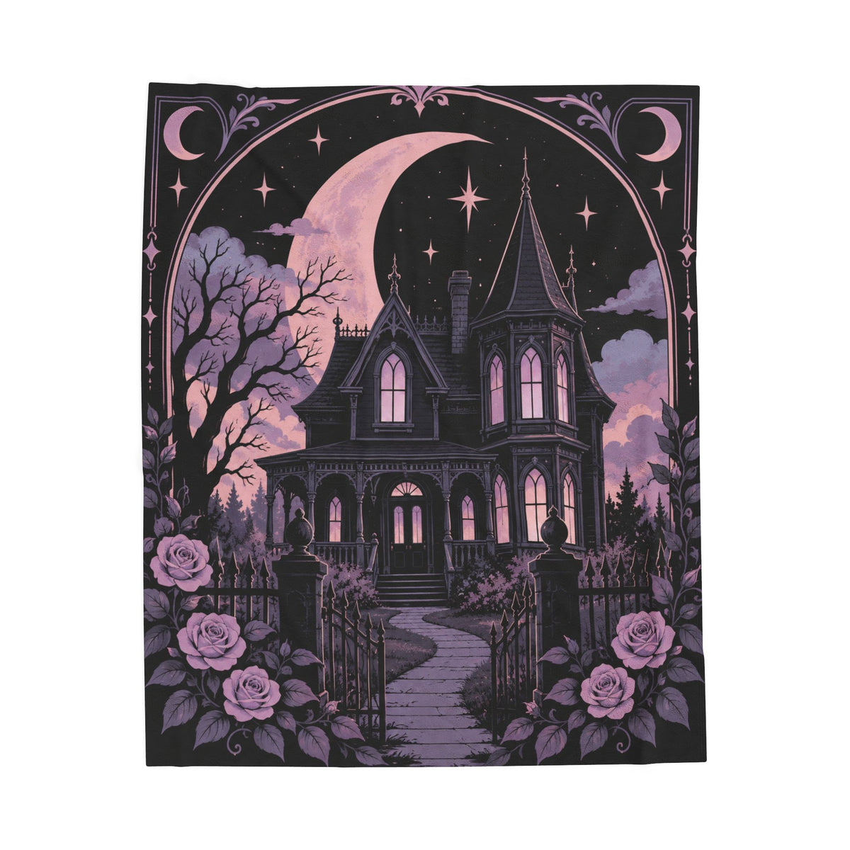 Pastel Haunted Victorian Mansion Velveteen Plush Blanket — Moonlit Gothic Throw