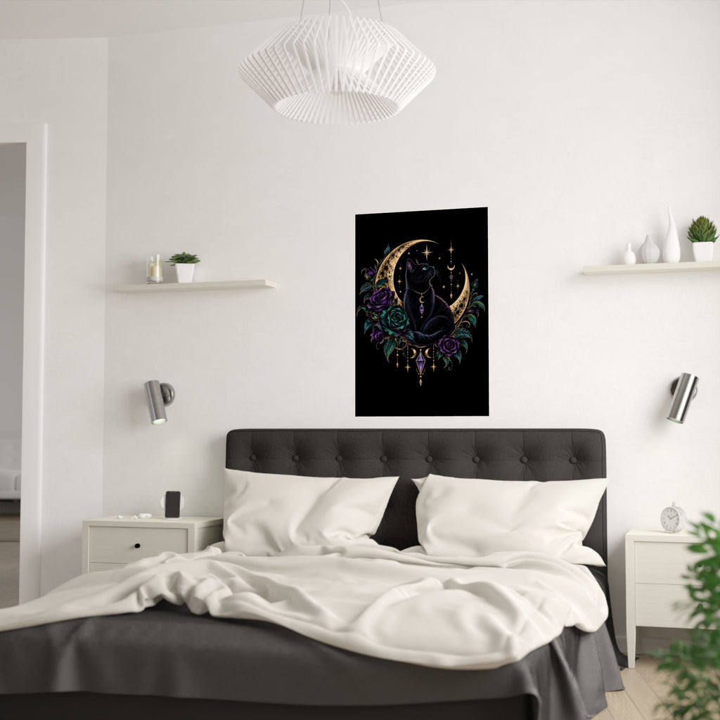 Jewel-tone Mystic Black Cat Moon Satin Poster — Gothic Rose Wall Art