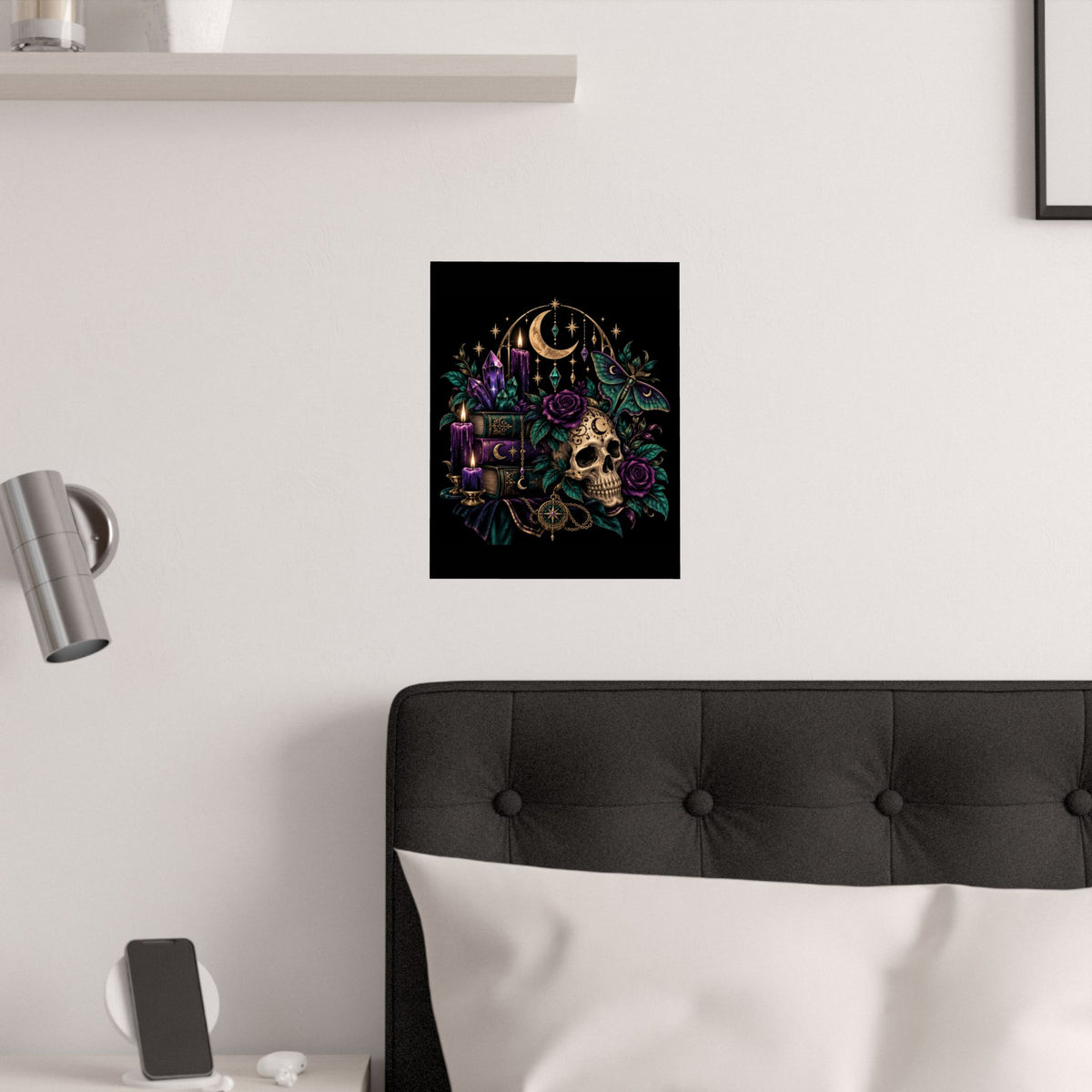 Jewel-tone Mystic Skull & Moon Satin Poster — Gothic Candle, Crystals & Moth Wall Art