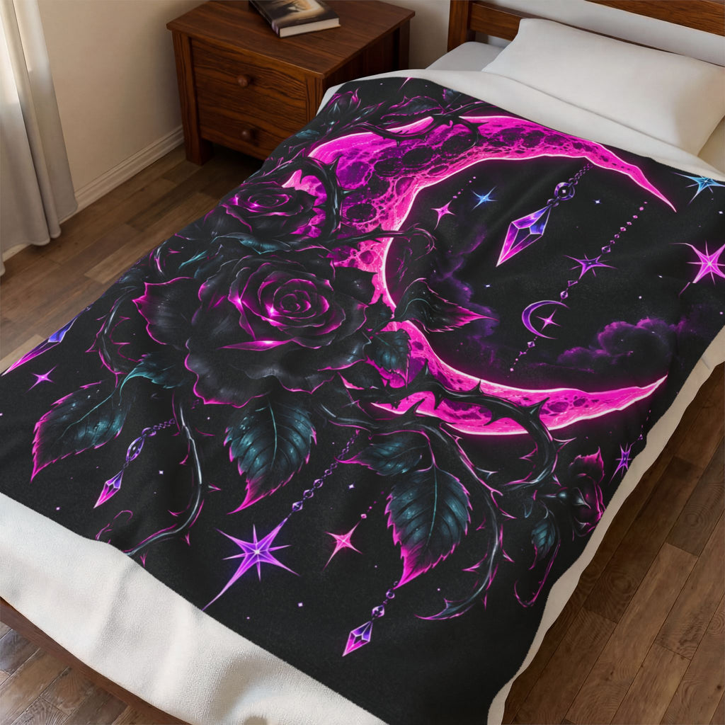 Moonlight Rose Velveteen Plush Blanket — Neon Pink Crescent Moon & Stars