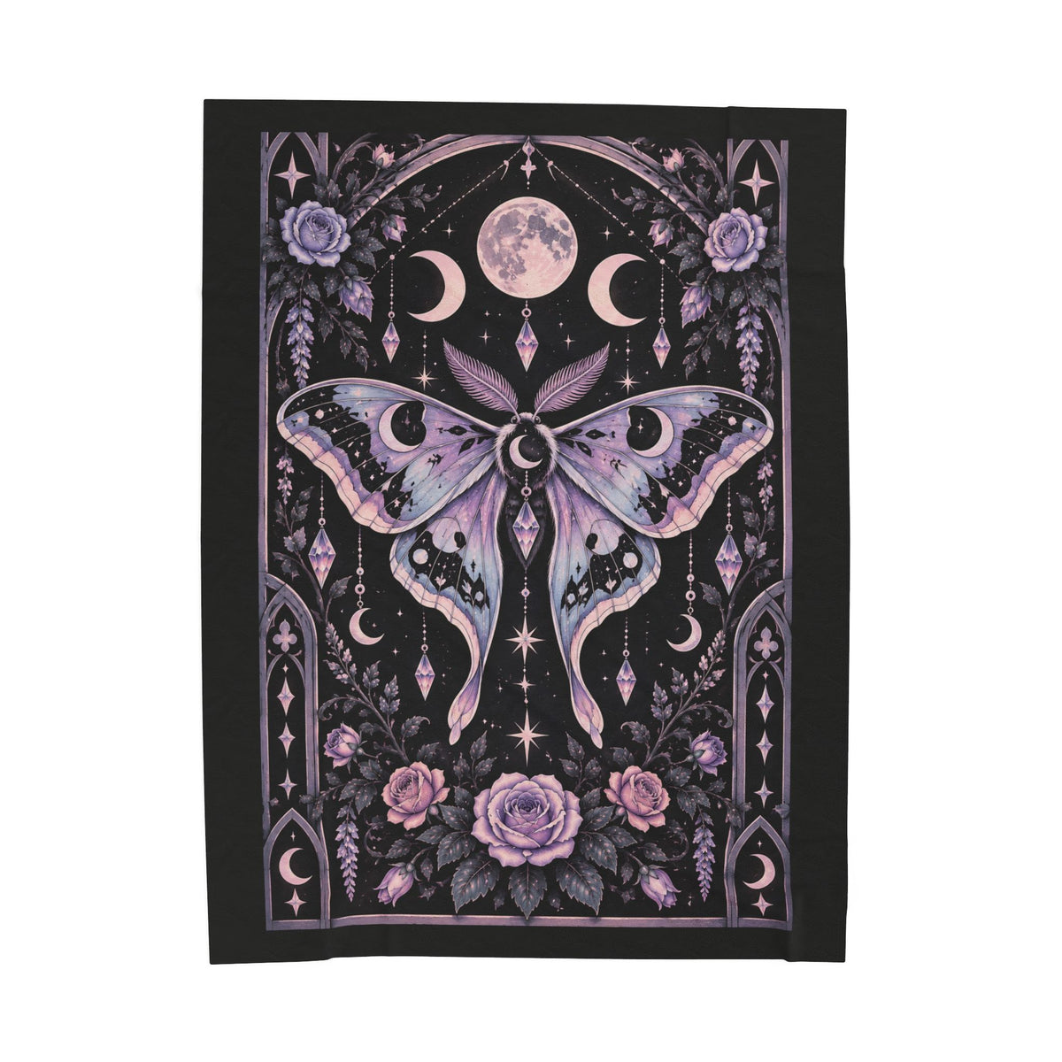 Pastel Mystic Moth Velveteen Plush Blanket — Moonphase & Floral Gothic Throw