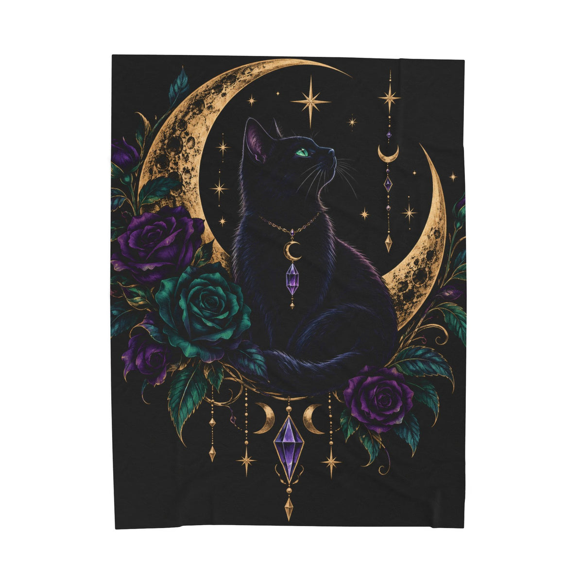 Jewel-tone Mystic Moon Cat Velveteen Plush Blanket