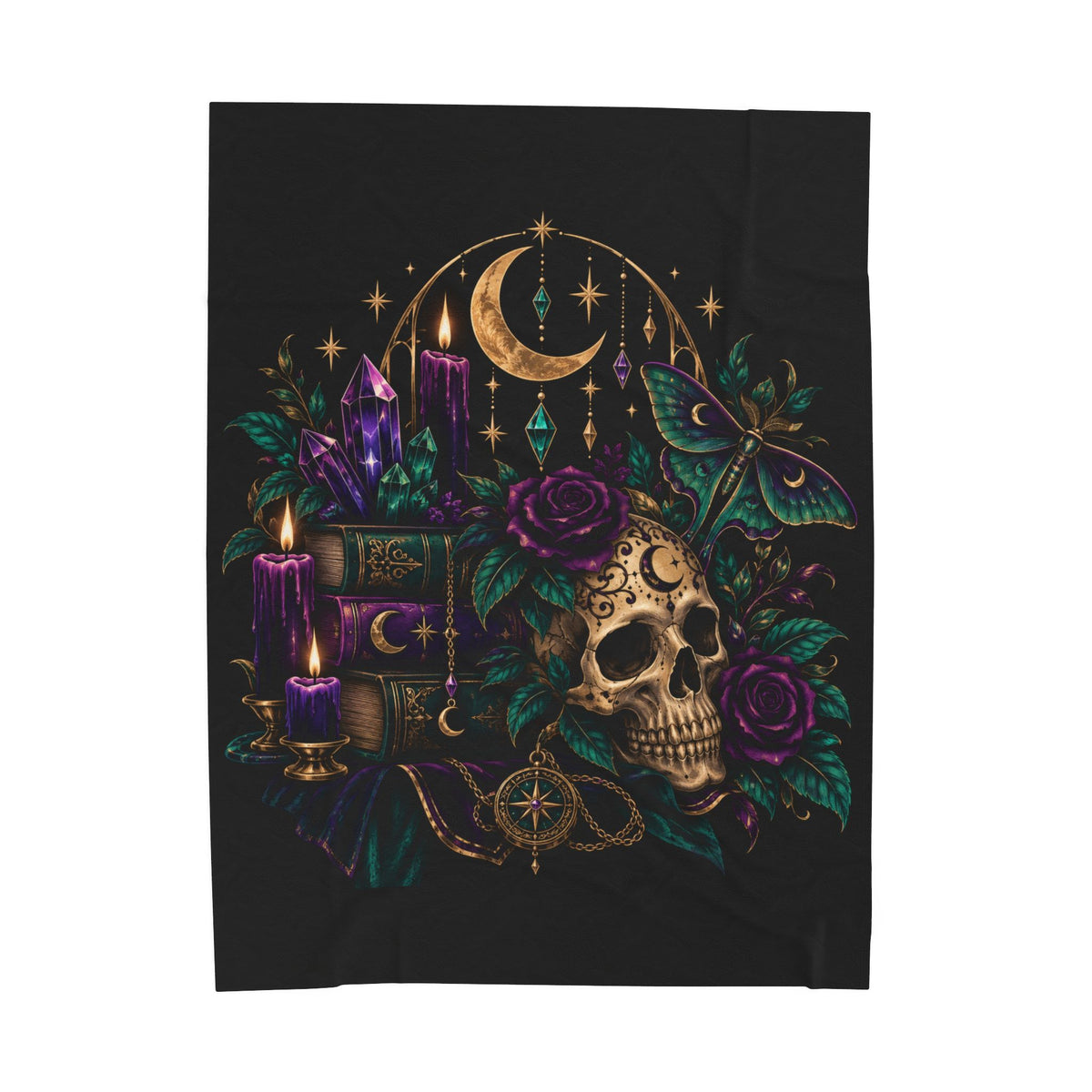 Jewel-tone Velveteen Plush Blanket — Gothic Moon & Skull Velvet Throw with Crystals, Roses, and Mystic Candles