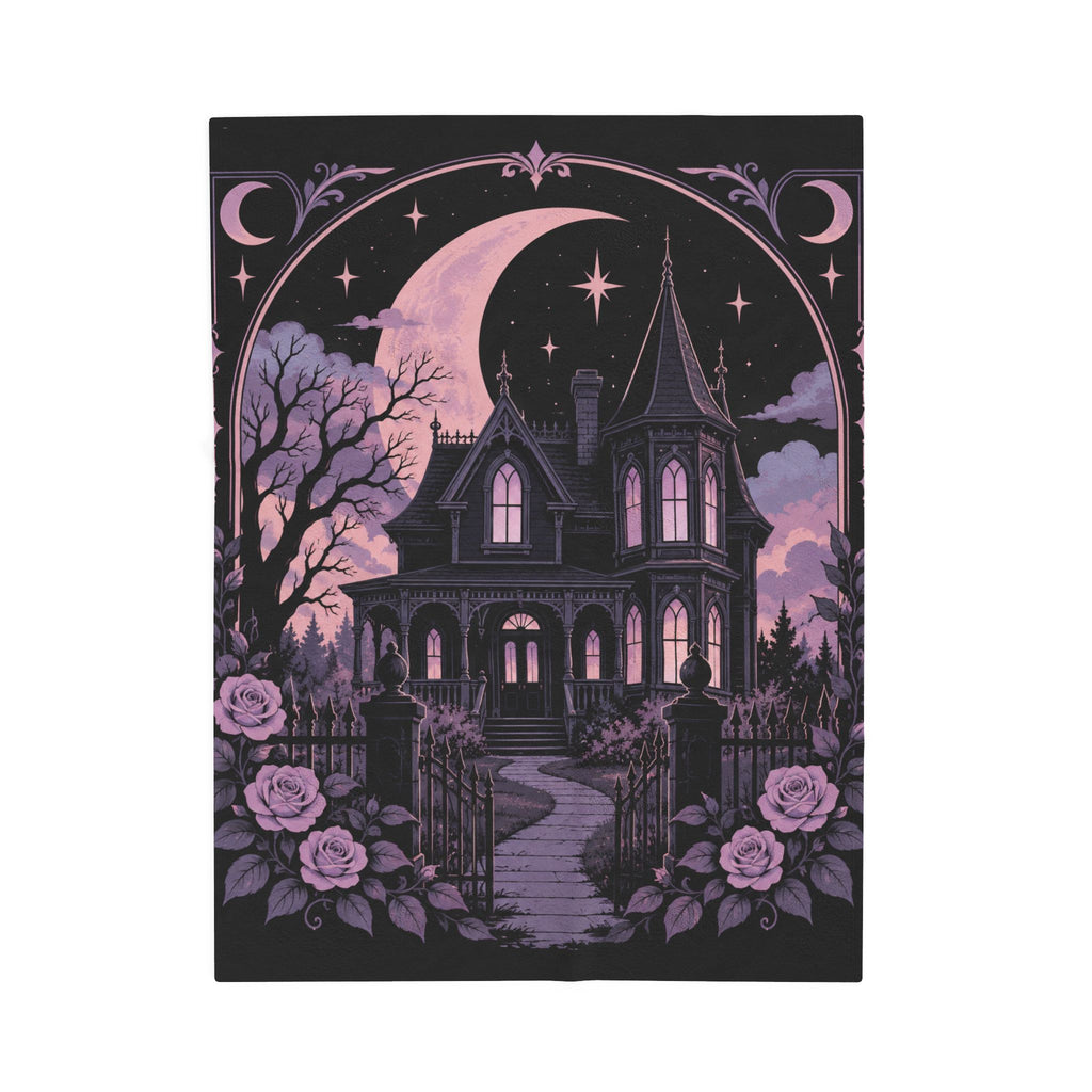 Pastel Haunted Victorian Mansion Velveteen Plush Blanket — Moonlit Gothic Throw
