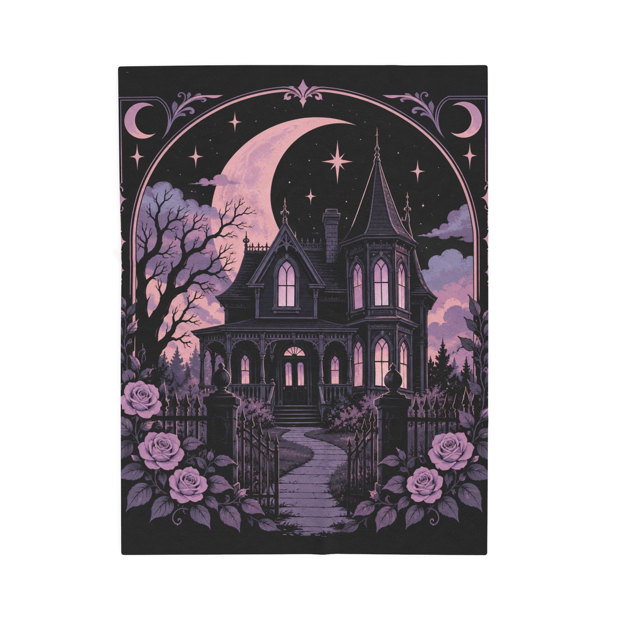 Pastel Haunted Victorian Mansion Velveteen Plush Blanket — Moonlit Gothic Throw