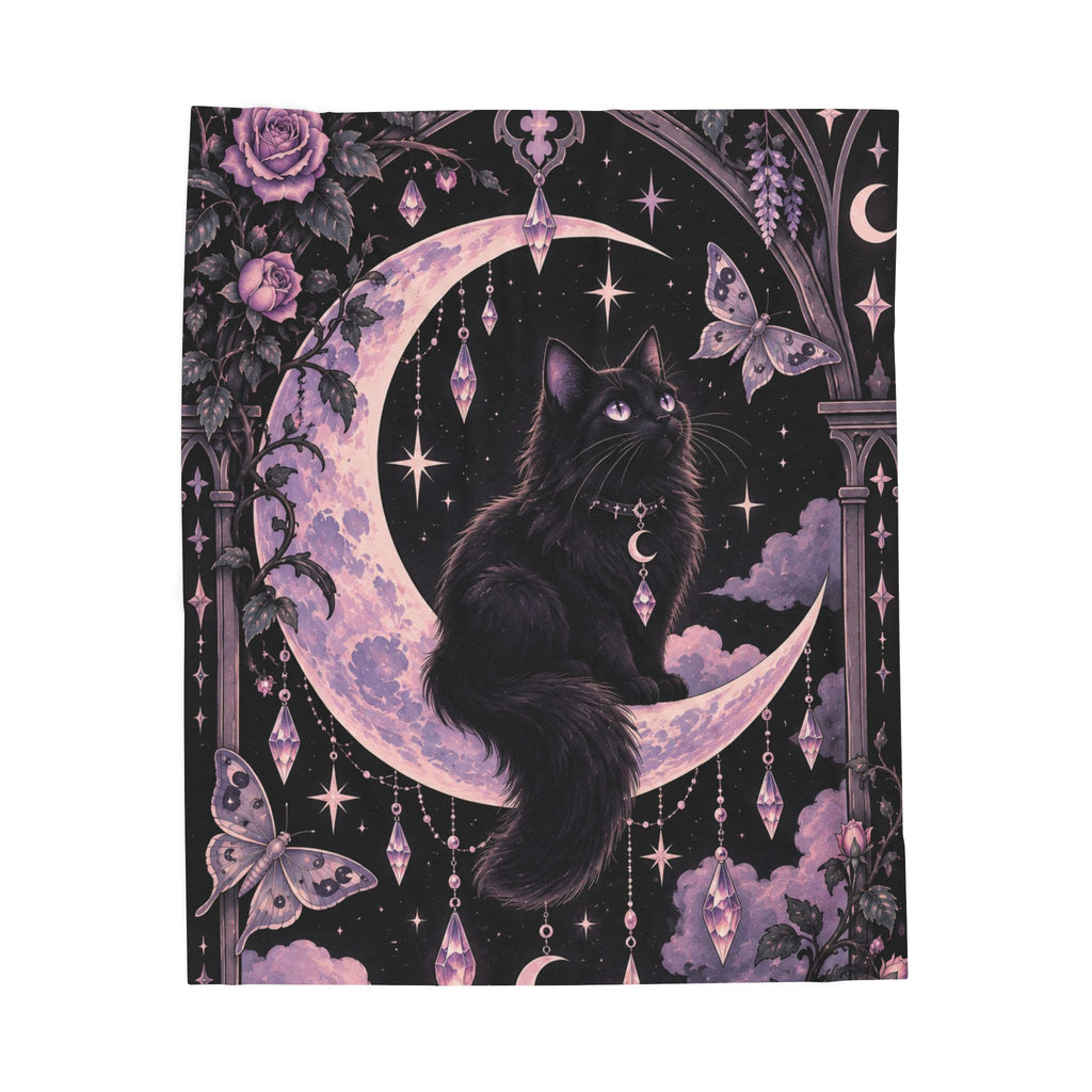 Mystic Moon Cat Velveteen Plush Blanket — Gothic Black Cat on Crescent Moon, Cozy Witchy Throw
