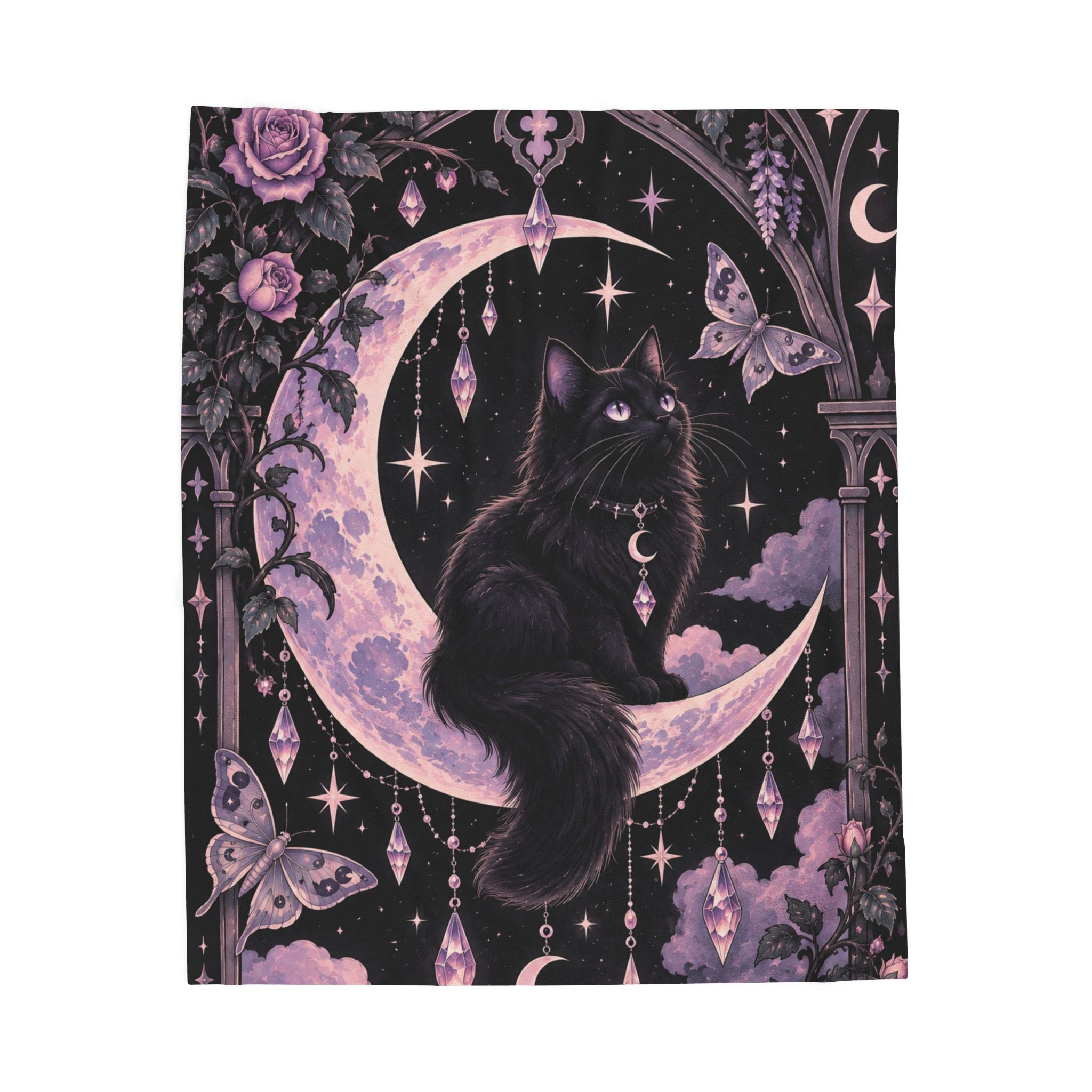 Mystic Moon Cat Velveteen Plush Blanket — Gothic Black Cat on Crescent Moon, Cozy Witchy Throw