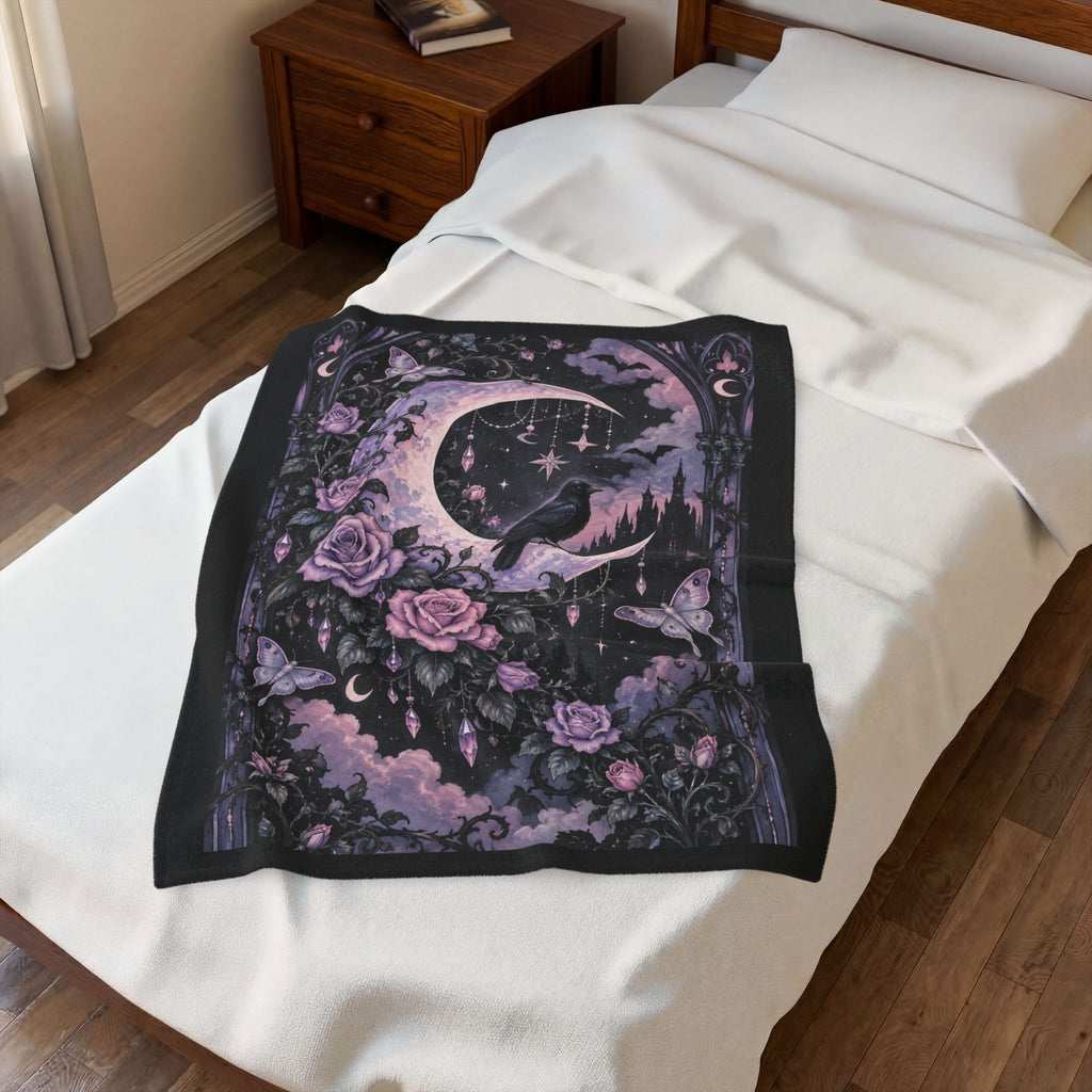 Pastel Gothic Moon Raven Velveteen Plush Blanket — Purple Floral Celestial Throw