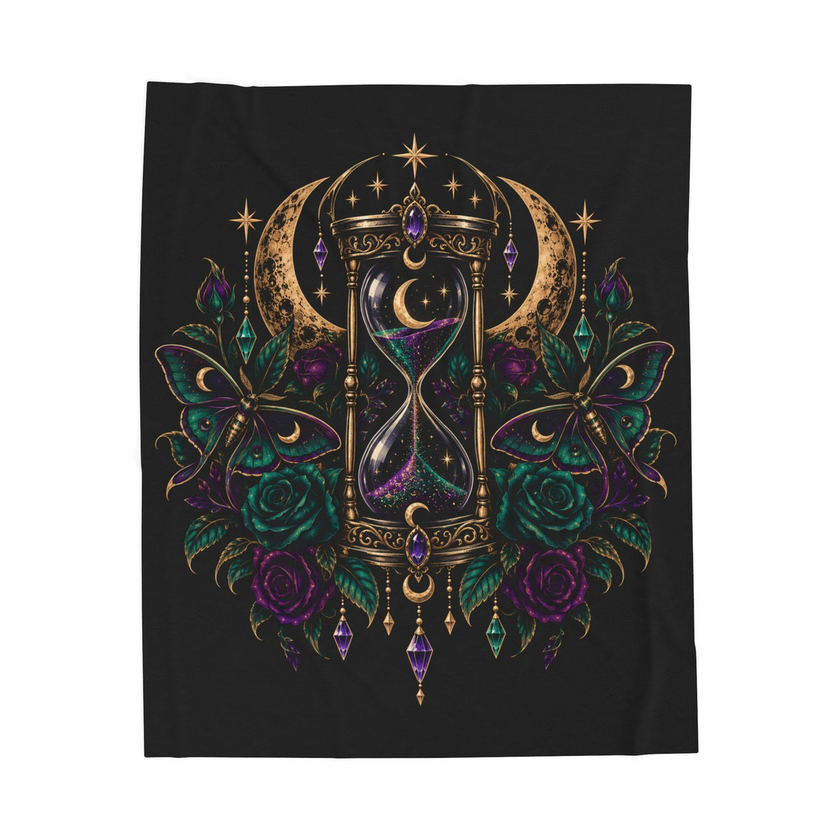 Jewel-tone Mystic Hourglass Velveteen Plush Blanket — Gothic Moon & Jewel Floral Throw