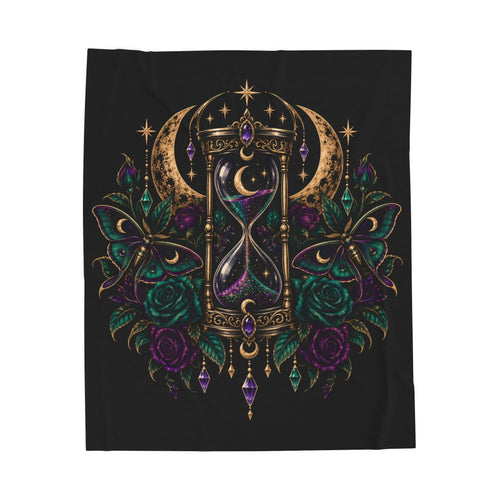 Jewel-tone Mystic Hourglass Velveteen Plush Blanket — Gothic Moon & Jewel Floral Throw