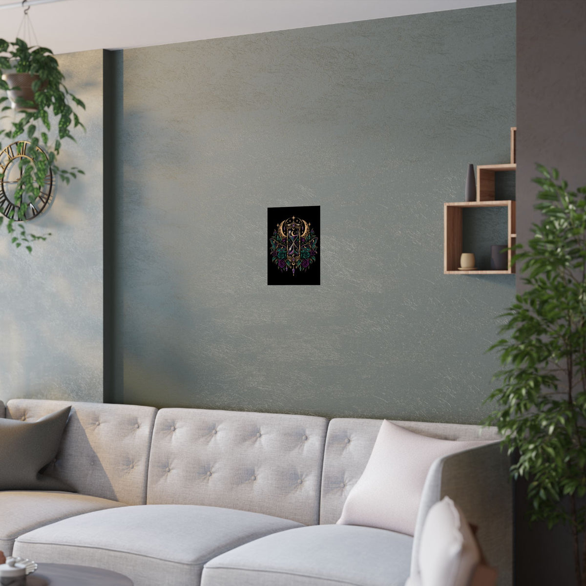 Jewel-tone Mystic Hourglass Satin Poster — Celestial Moon, Roses & Butterflies Wall Art