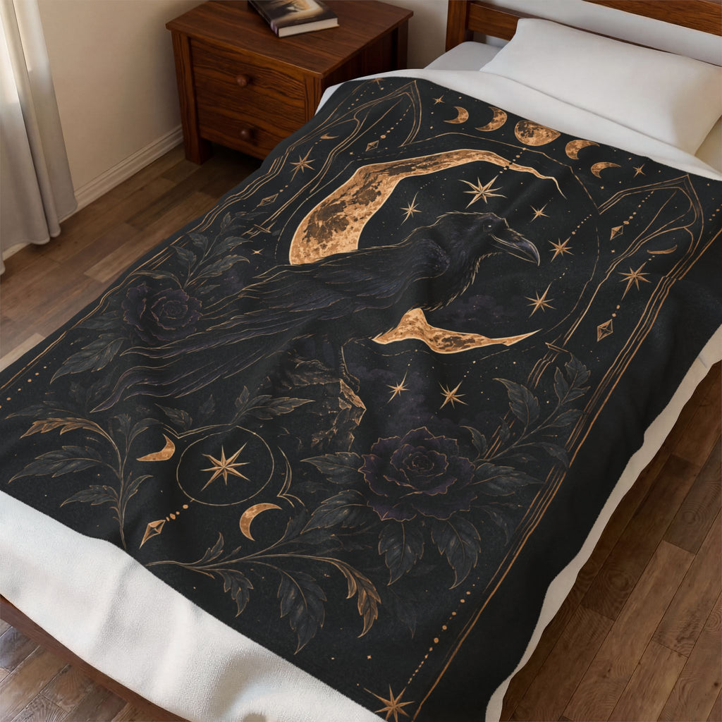 Shadow Velveteen Plush Blanket — Gothic Raven Moonlight Throw