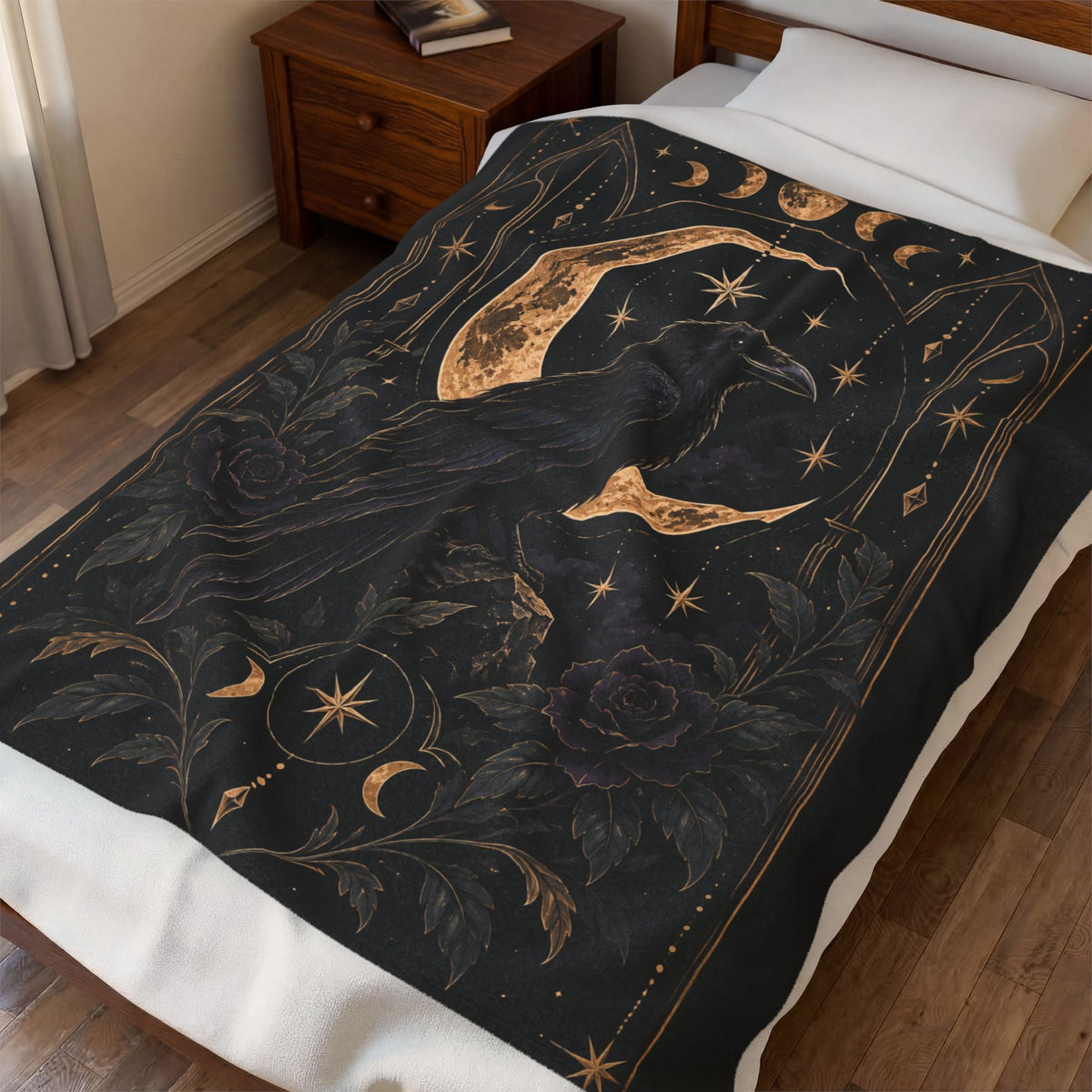 Shadow Velveteen Plush Blanket — Gothic Raven Moonlight Throw