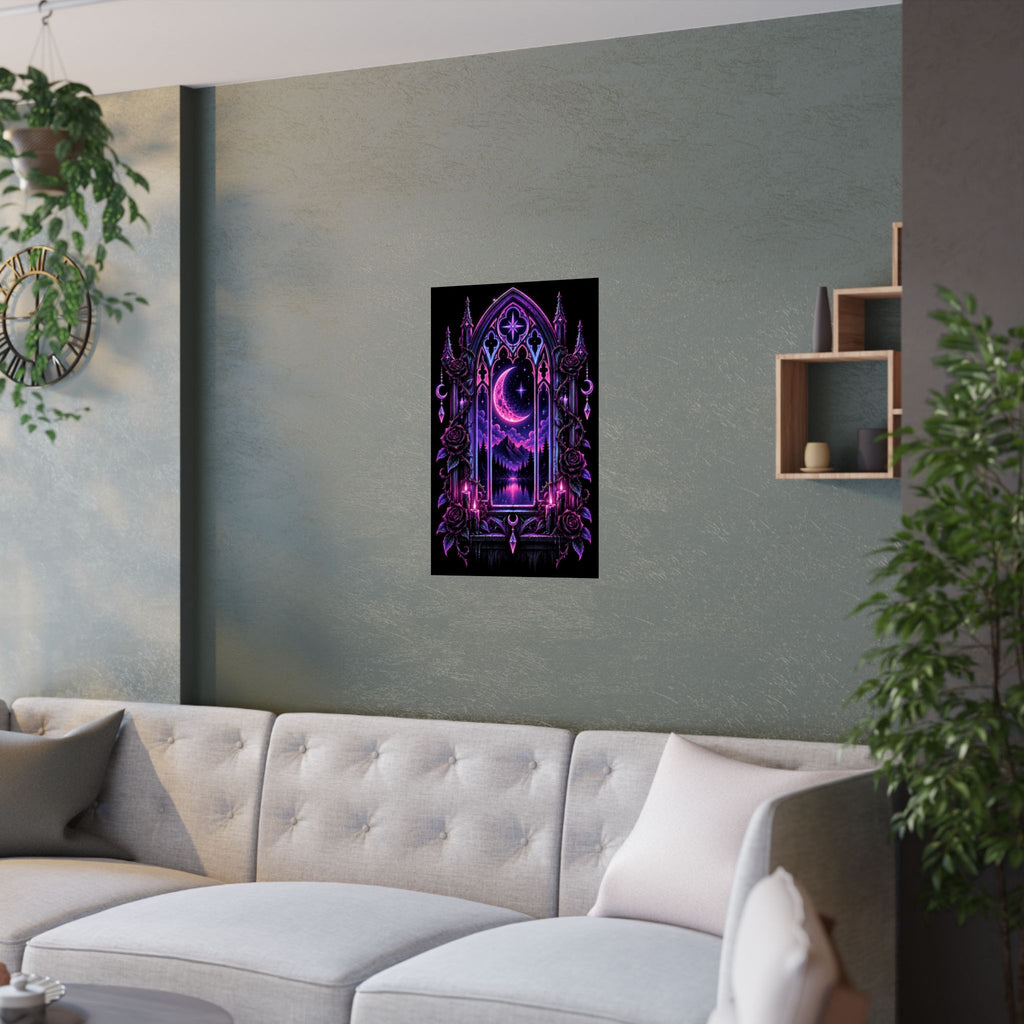 Neon Gothic Moonlight Satin Poster — Neon Purple Crescent Nightscape