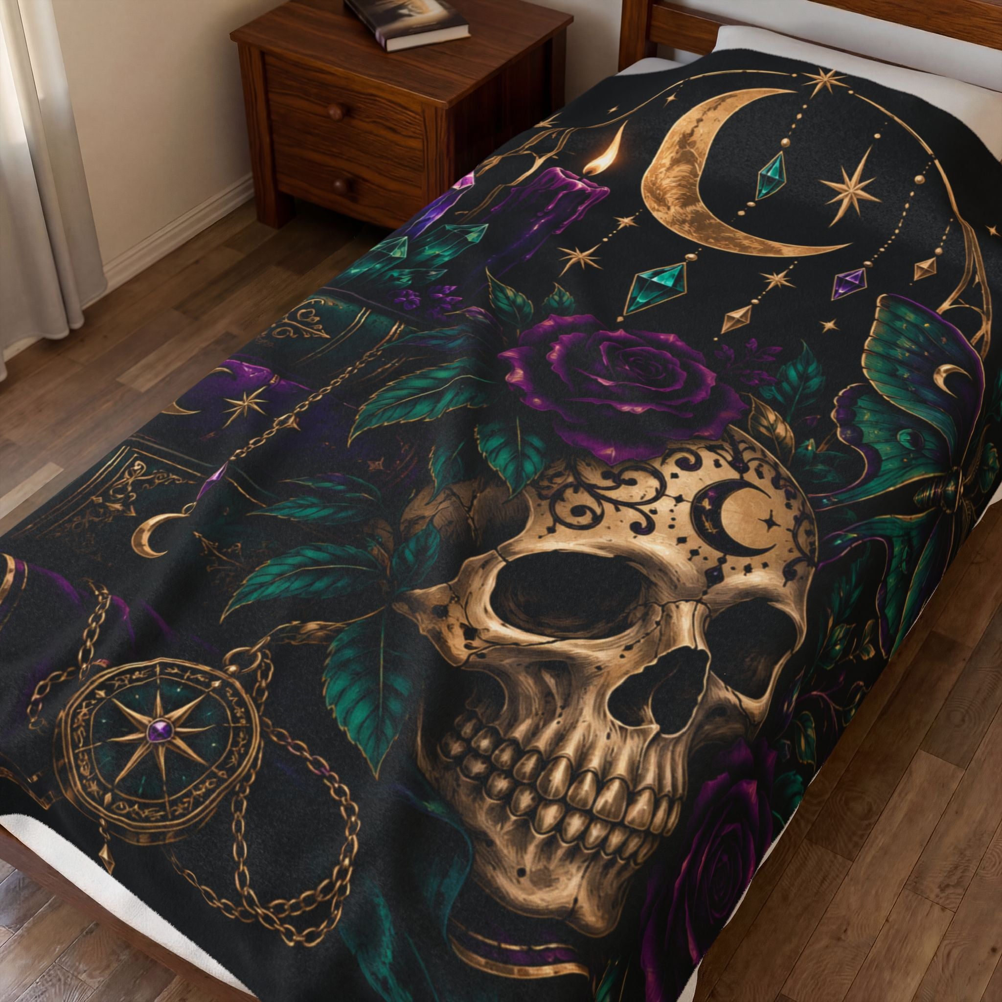 Jewel-tone Velveteen Plush Blanket — Gothic Moon & Skull Velvet Throw with Crystals, Roses, and Mystic Candles