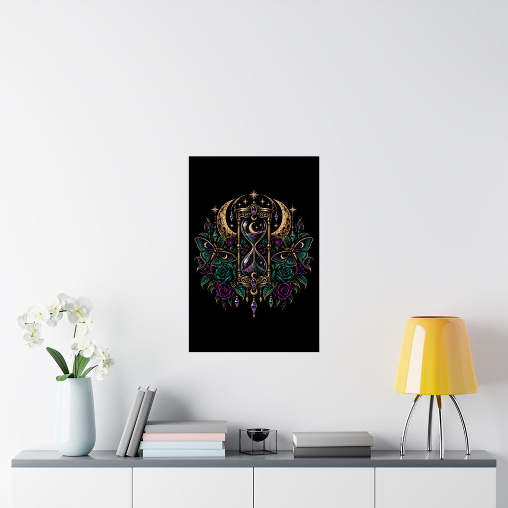 Jewel-tone Mystic Hourglass Satin Poster — Celestial Moon, Roses & Butterflies Wall Art