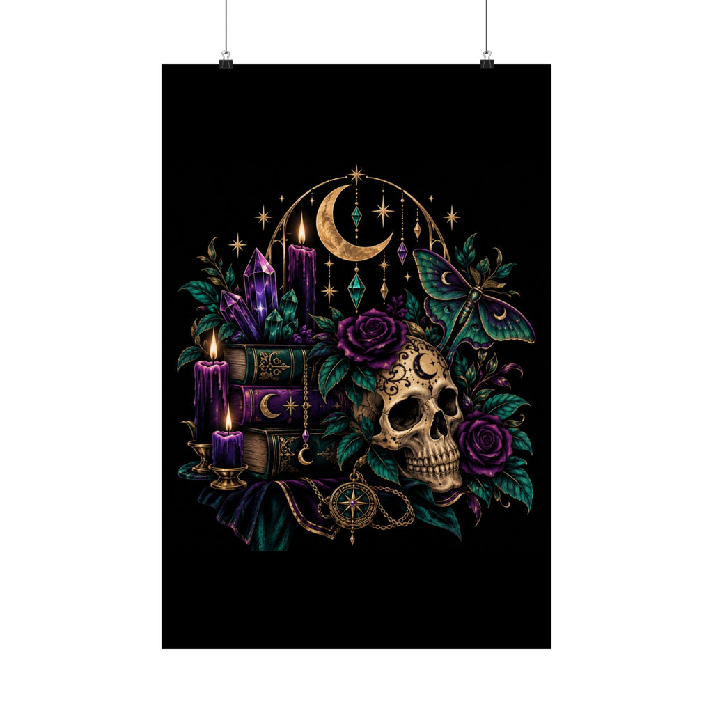 Jewel-tone Mystic Skull & Moon Satin Poster — Gothic Candle, Crystals & Moth Wall Art