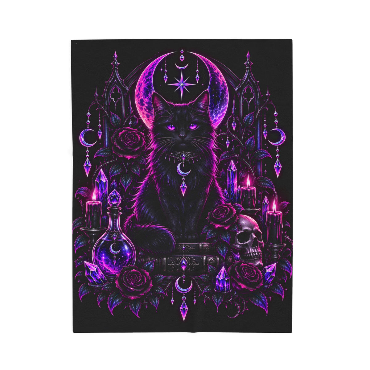 Neon Mystic Black Cat Velveteen Plush Blanket — Gothic Moon & Crystal Design