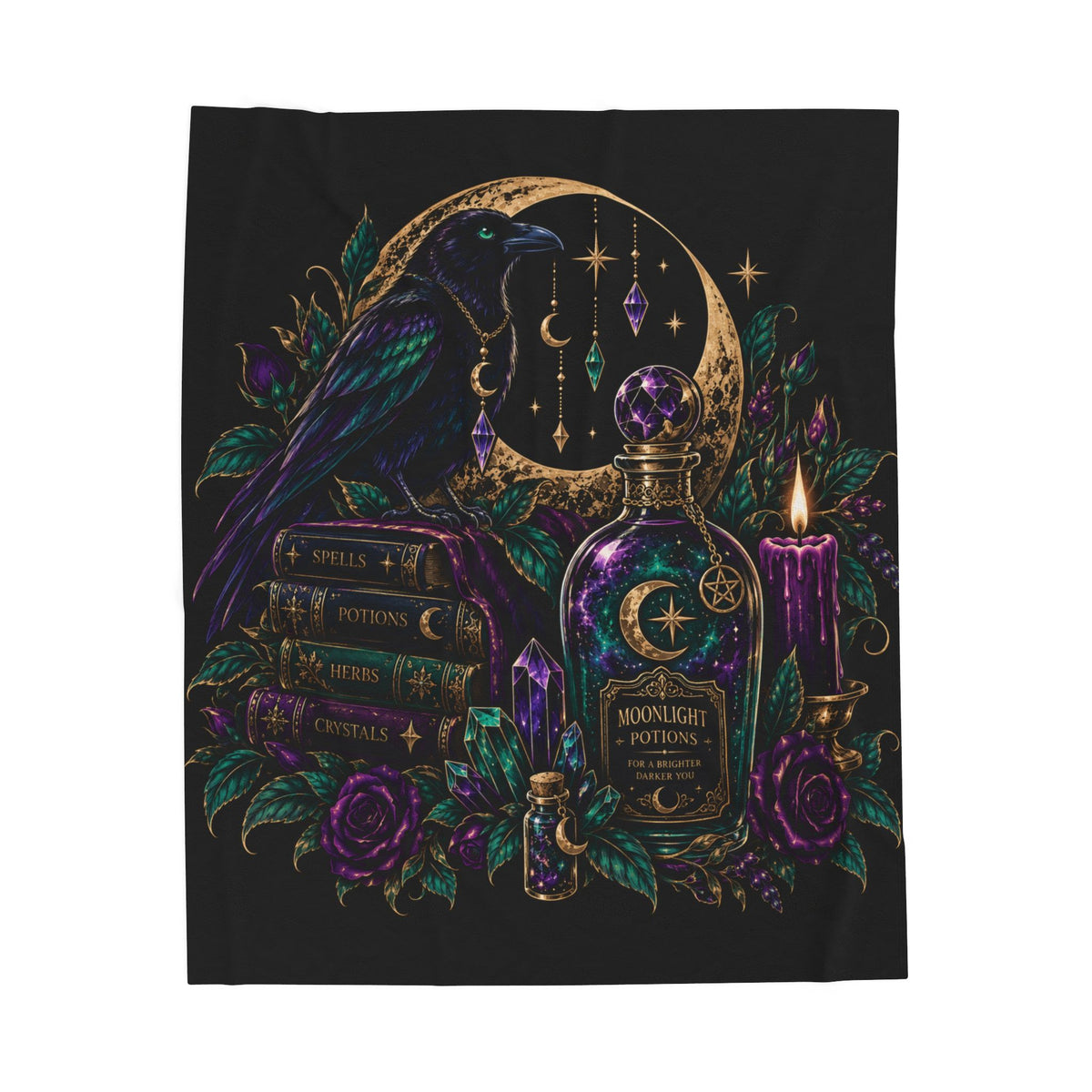 Jewel-tone Velveteen Plush Blanket — Moonlight Potions Raven Gothic Throw