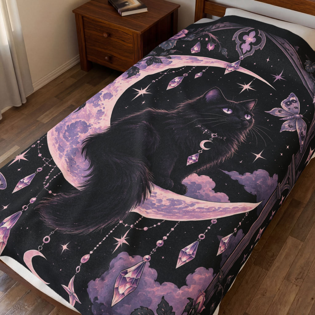 Mystic Moon Cat Velveteen Plush Blanket — Gothic Black Cat on Crescent Moon, Cozy Witchy Throw