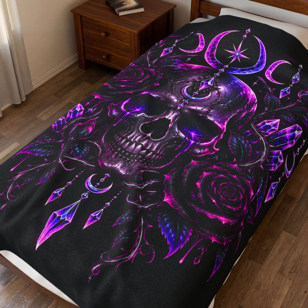 Neon Moonlight Rose Velveteen Plush Blanket — Neon Pink Crescent Moon & Stars