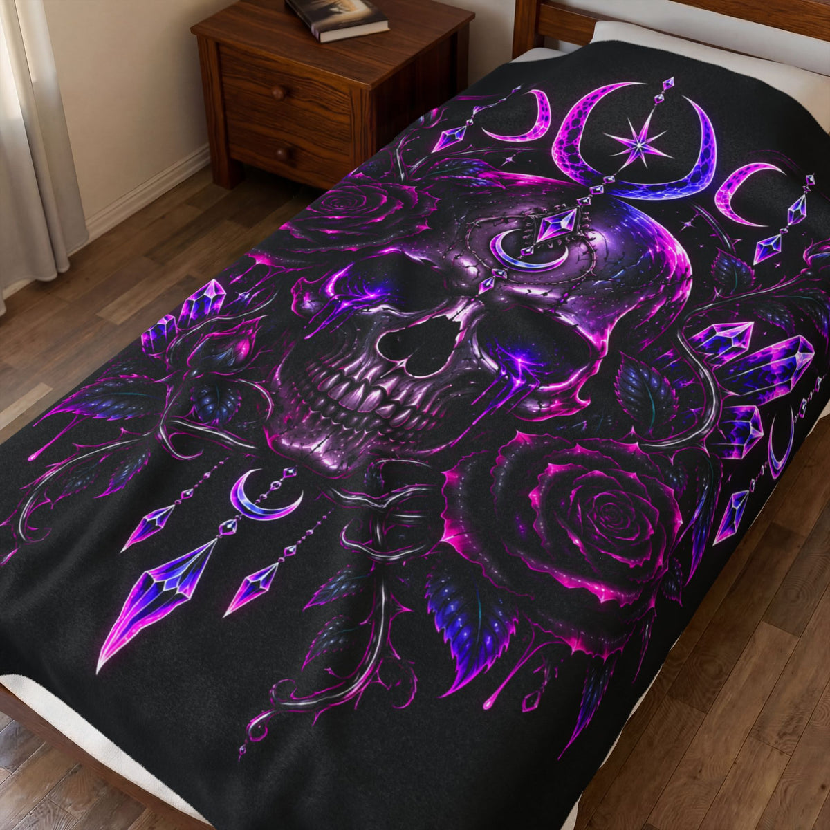 Neon Moonlight Rose Velveteen Plush Blanket — Neon Pink Crescent Moon & Stars