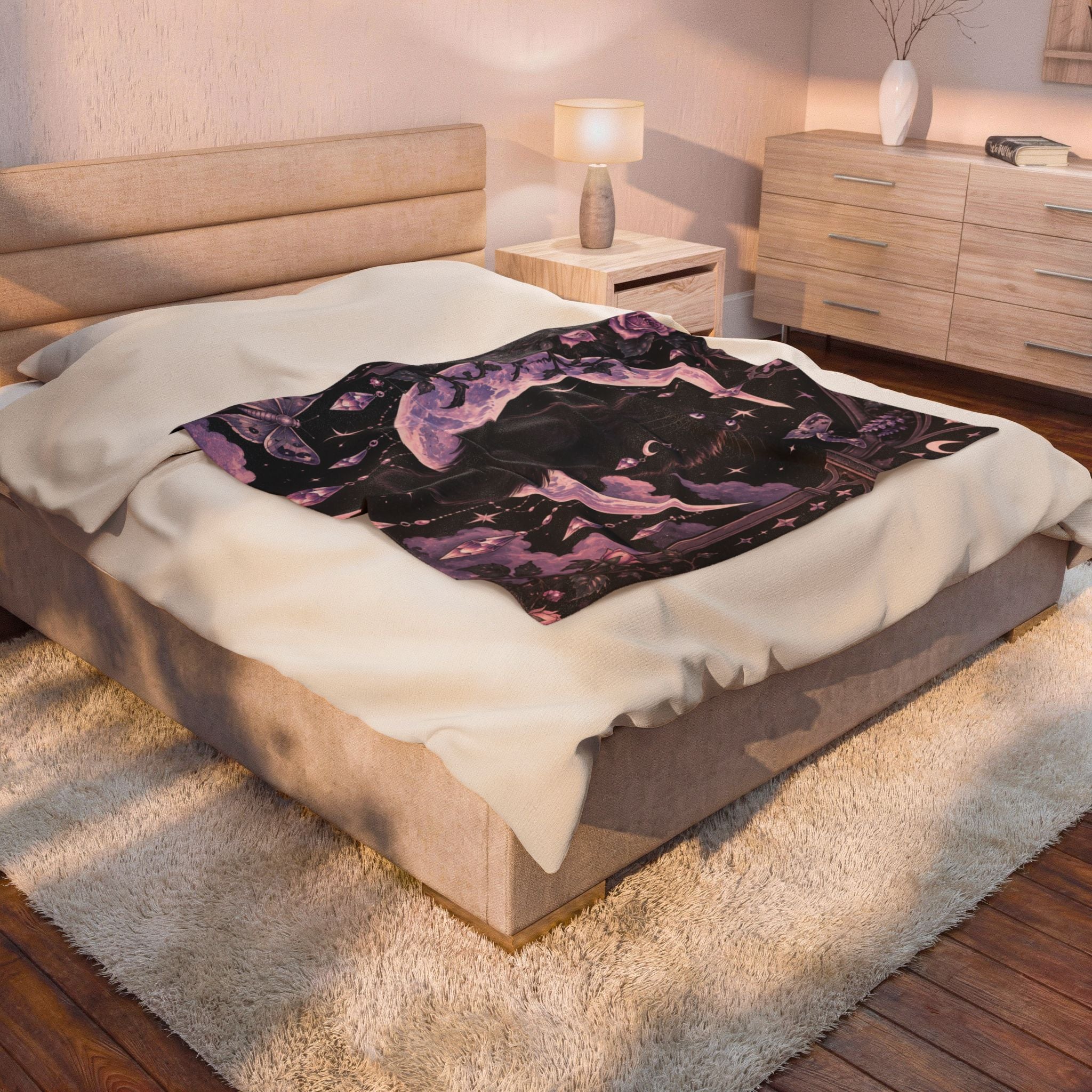 Mystic Moon Cat Velveteen Plush Blanket — Gothic Black Cat on Crescent Moon, Cozy Witchy Throw