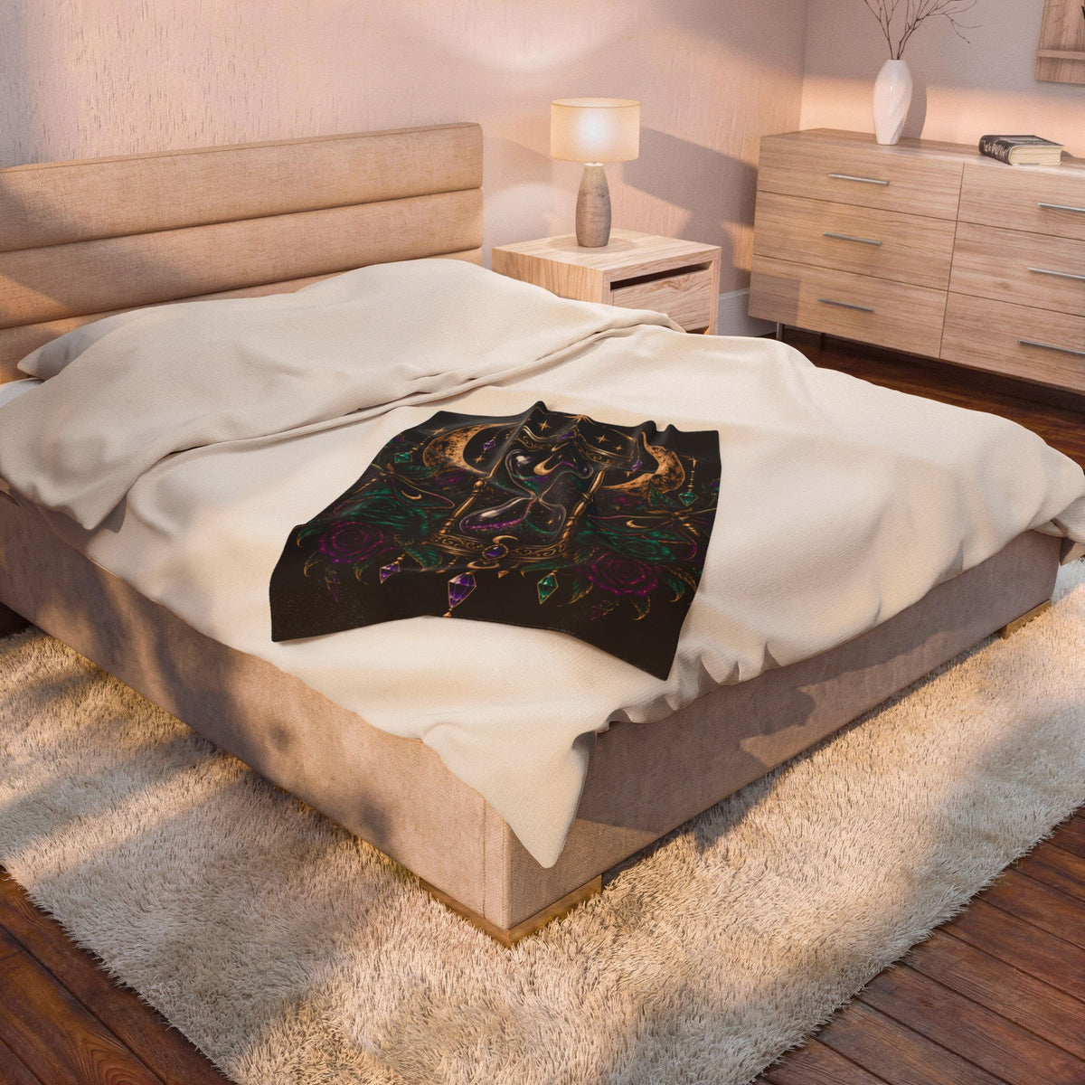Jewel-tone Mystic Hourglass Velveteen Plush Blanket — Gothic Moon & Jewel Floral Throw