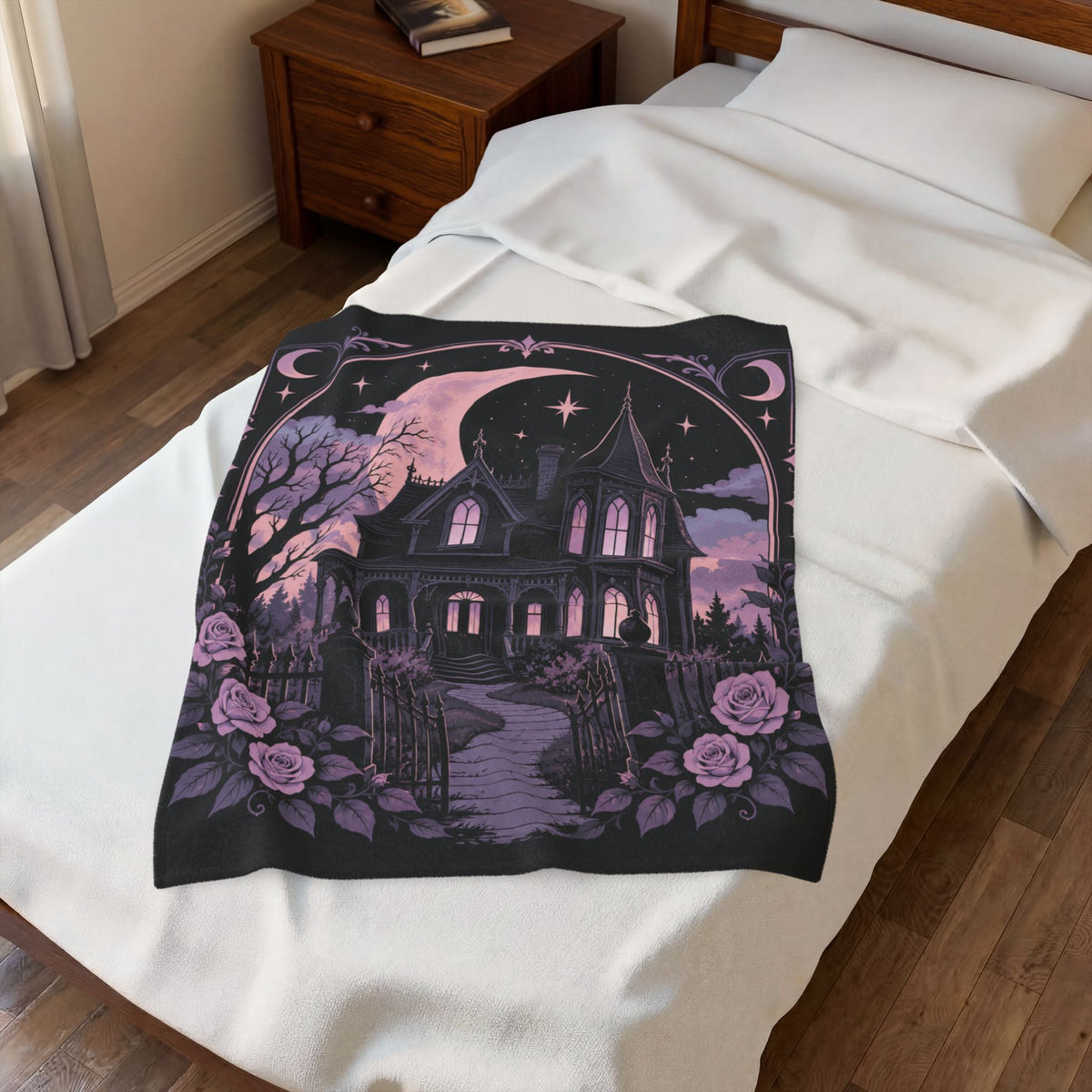 Pastel Haunted Victorian Mansion Velveteen Plush Blanket — Moonlit Gothic Throw