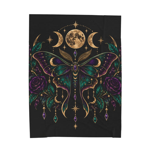Jewel-tone Mystic Moon Moth Velveteen Plush Blanket
