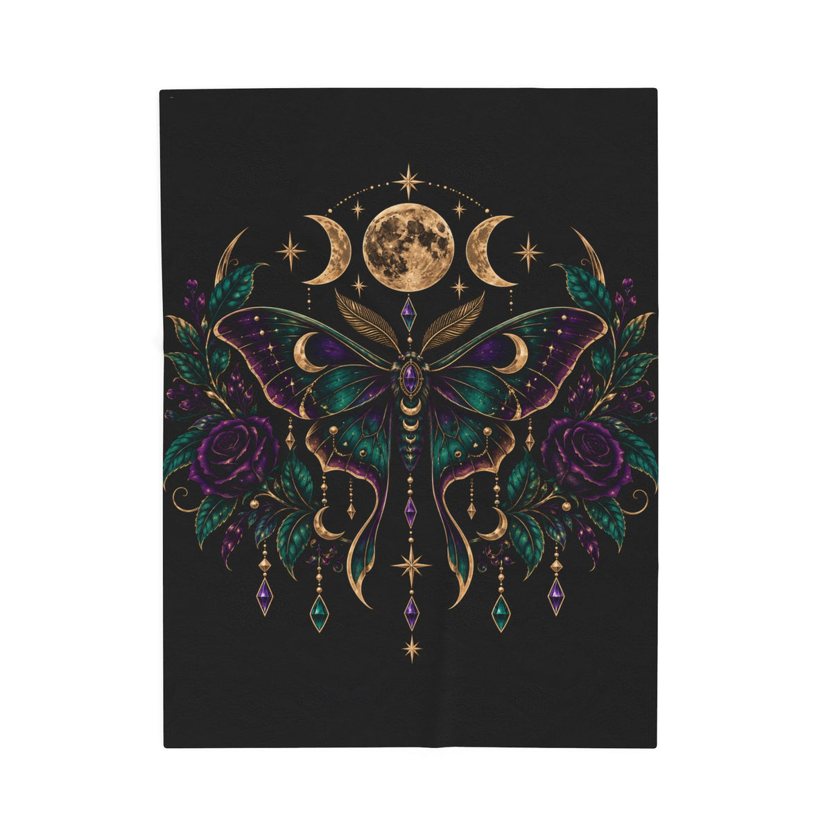 Jewel-tone Mystic Moon Moth Velveteen Plush Blanket