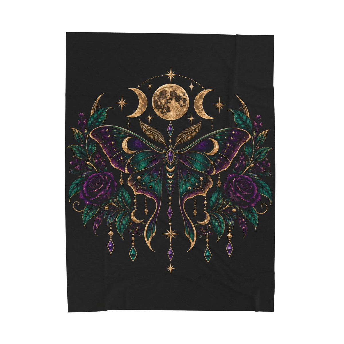 Jewel-tone Mystic Moon Moth Velveteen Plush Blanket