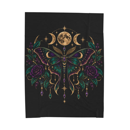 Jewel-tone Mystic Moon Moth Velveteen Plush Blanket