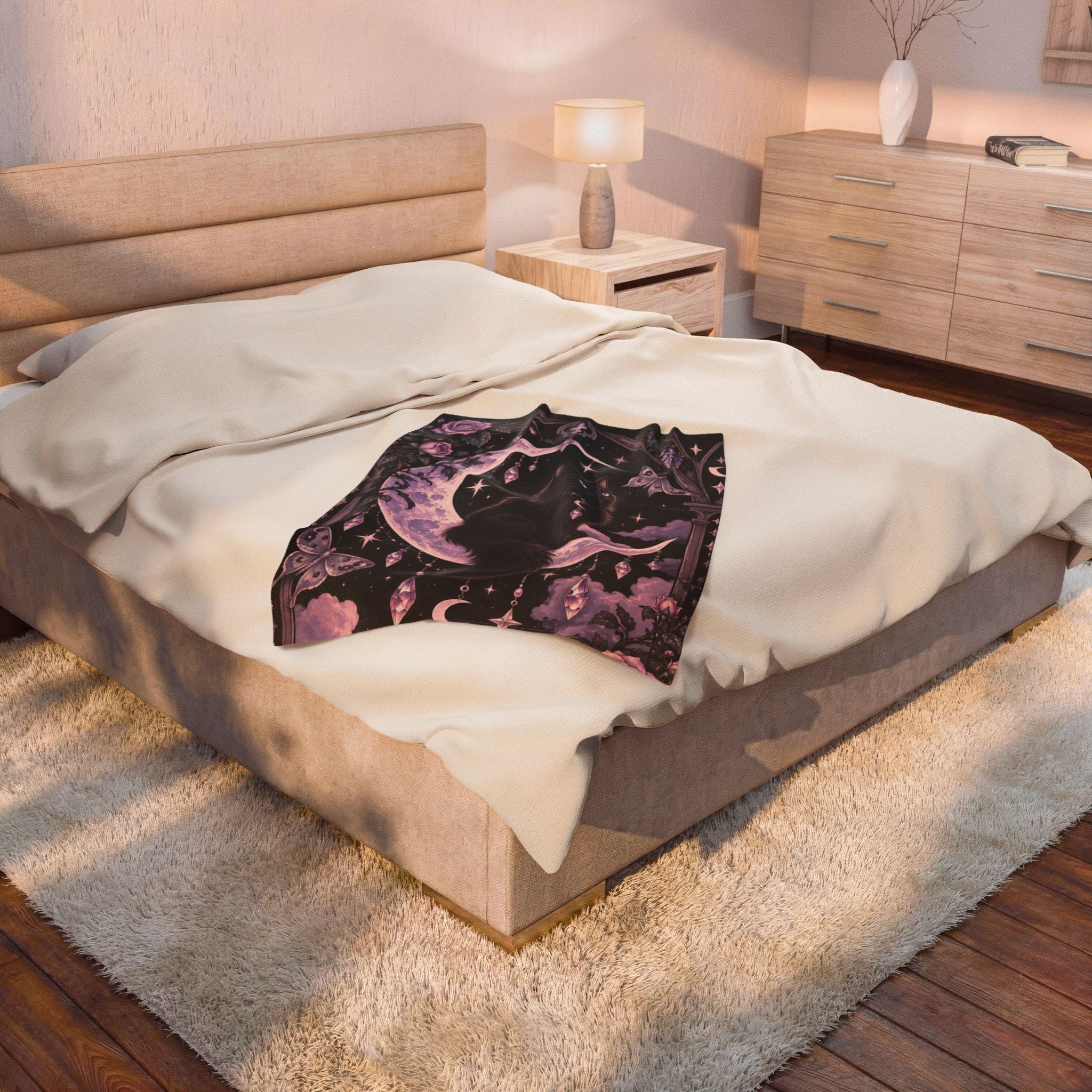 Mystic Moon Cat Velveteen Plush Blanket — Gothic Black Cat on Crescent Moon, Cozy Witchy Throw