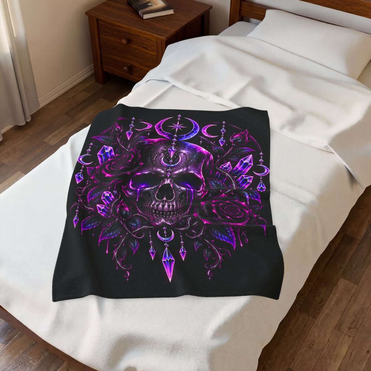 Neon Moonlight Rose Velveteen Plush Blanket — Neon Pink Crescent Moon & Stars
