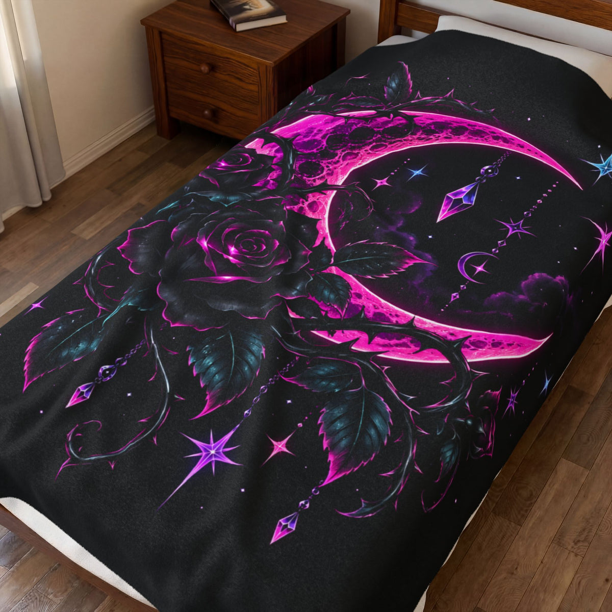 Neon Gothic Moon Velveteen Plush Blanket — Pink Crescent & Rose Night Sky Throw